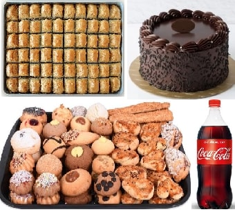 Dörtlü Kutlama Paketi: Çikolatalı Pasta Baklava Kuru Pasta ve Kola Isparta pasta